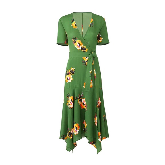 A.L.C. 100% Silk Cora Wrap Dress Green Floral Tie V-Neck SS Women's Size 4 ALC - Picture 4 of 16